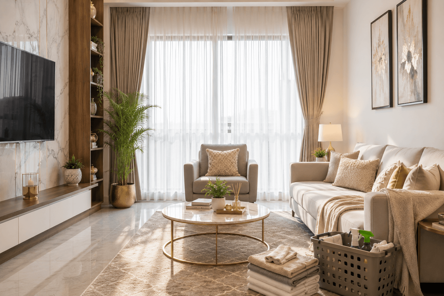 Spotless, sunlit living room after a professional home cleaning