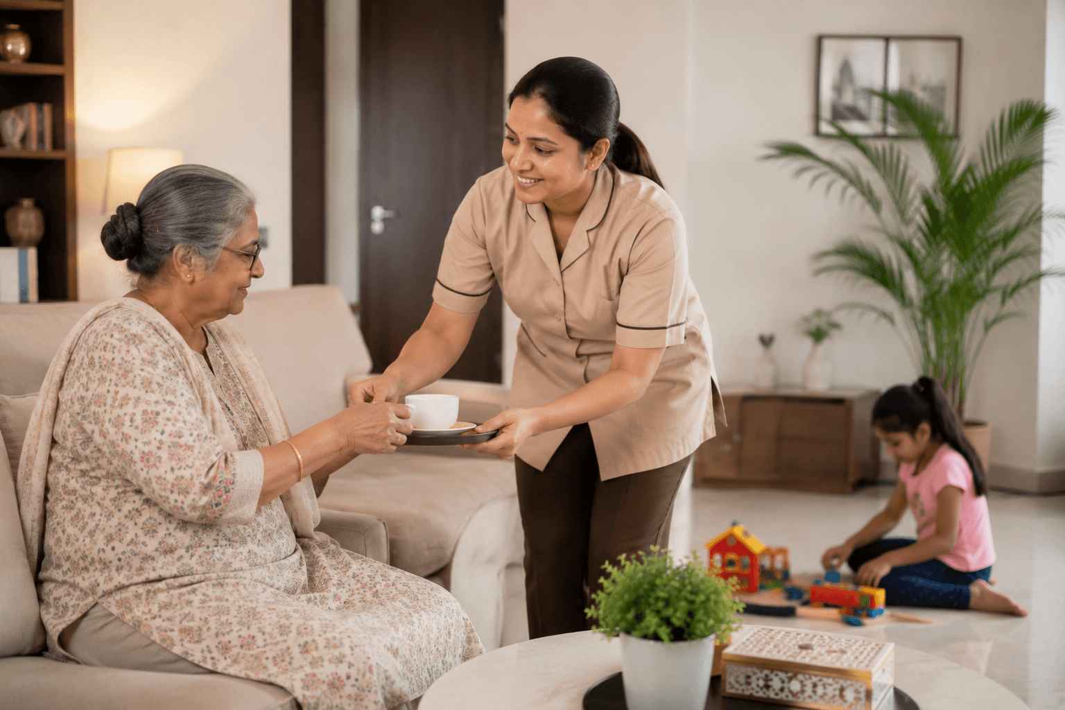 Caregiver serving tea to an elderly woman while a child plays nearby