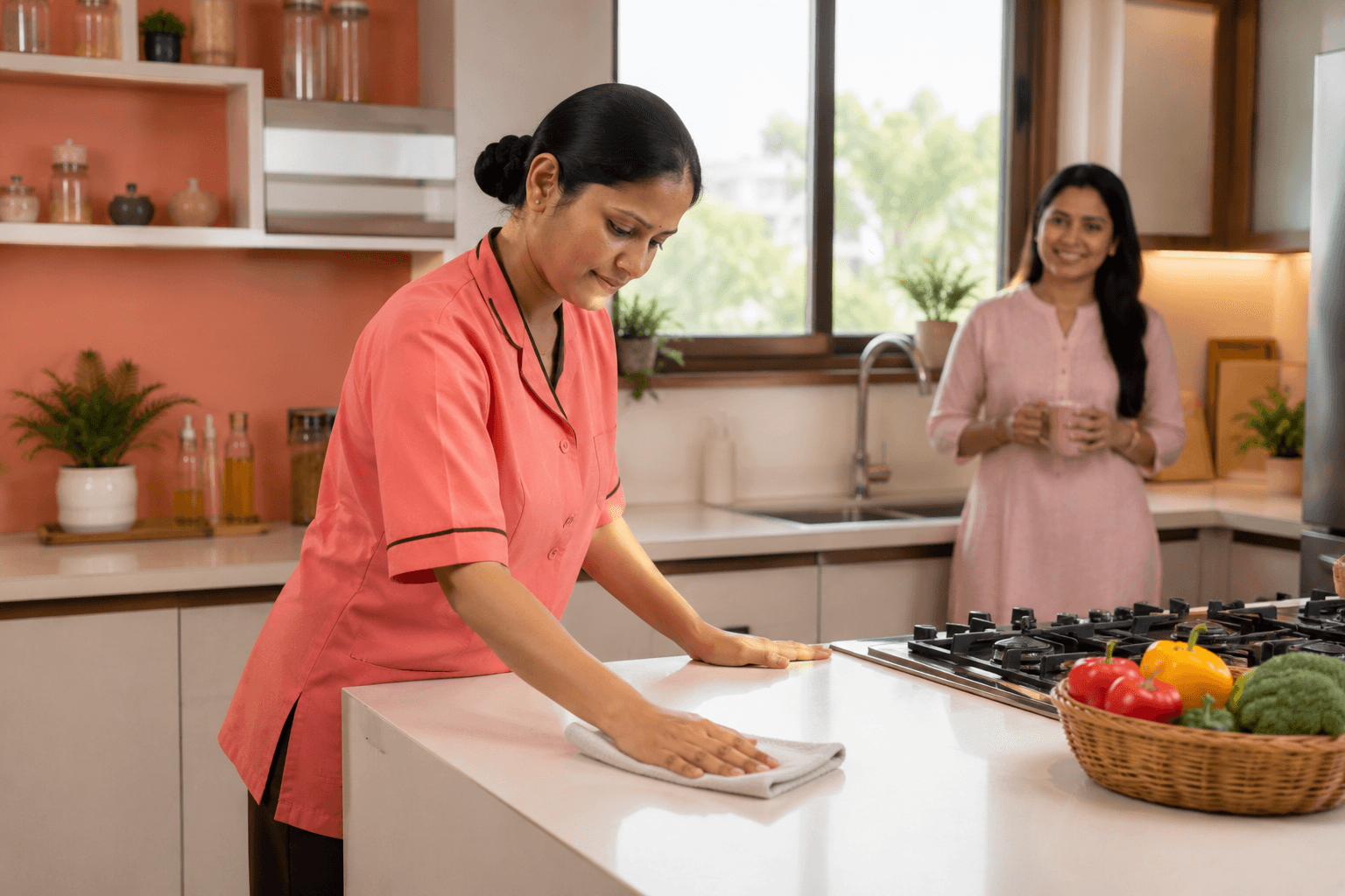 Housekeeper cleaning a kitchen countertop as a happy homeowner looks on