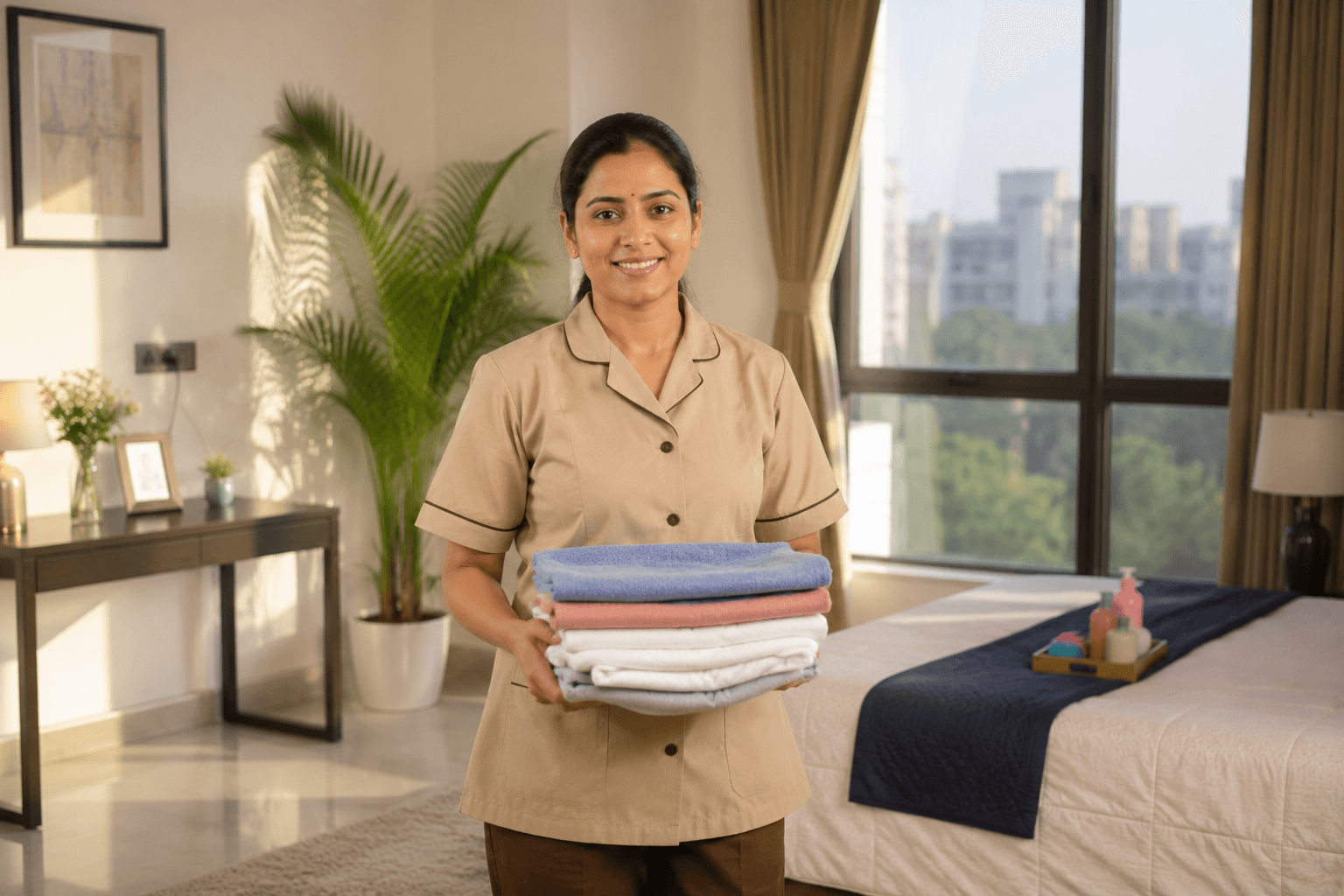 Professional home helper holding fresh folded towels in a bright bedroom